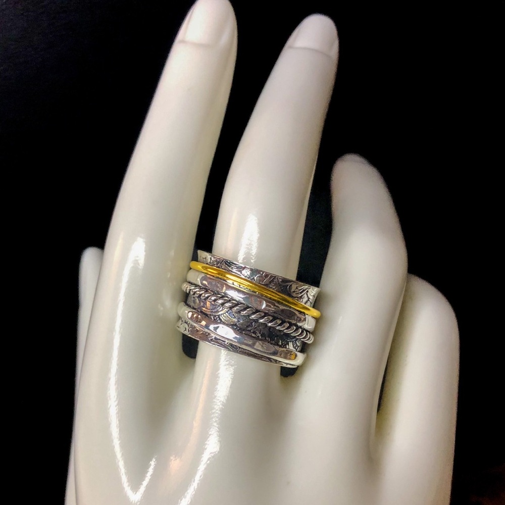 Two Tone Sterling Silver Spinner Fidget Ring Multiple Sizes